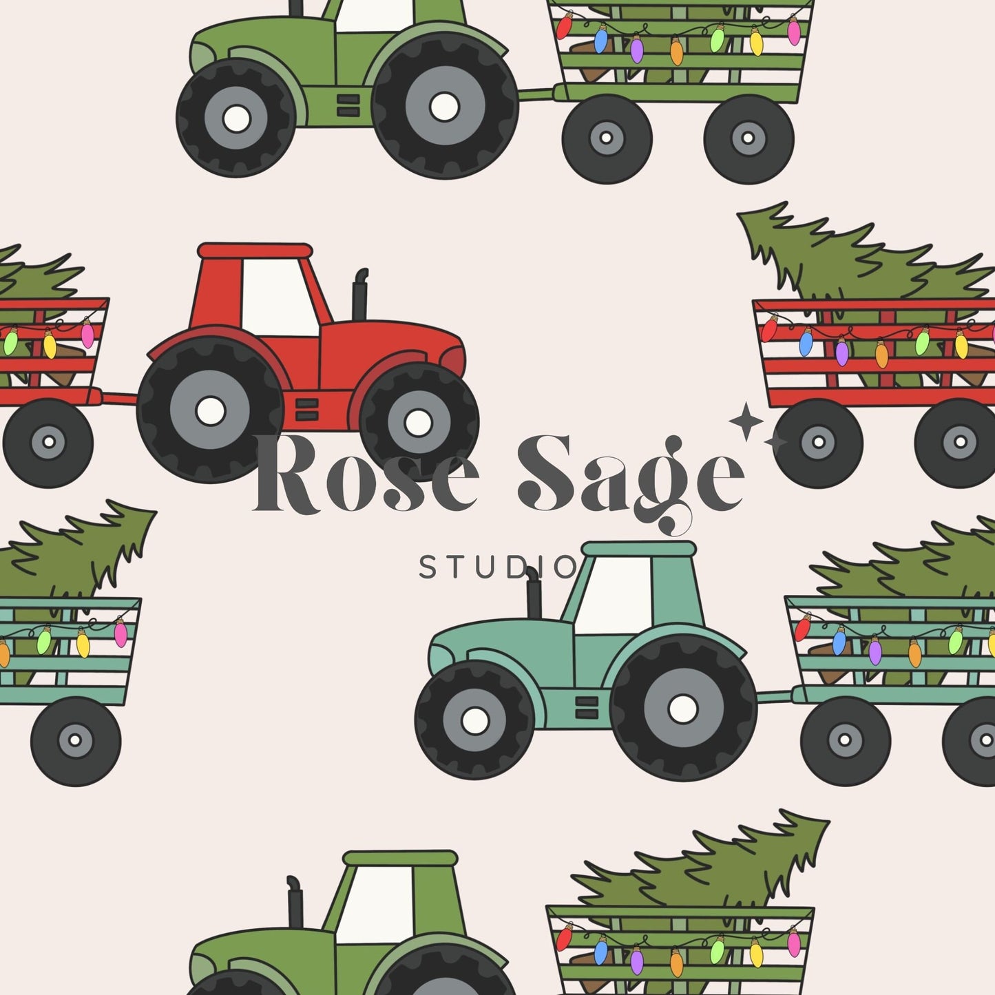 Christmas Tree Tractor Seamless Pattern, Neutral Pattern, Farm Tractors Boho Holiday Seamless Pattern, Christmas Tree Lights Seamless