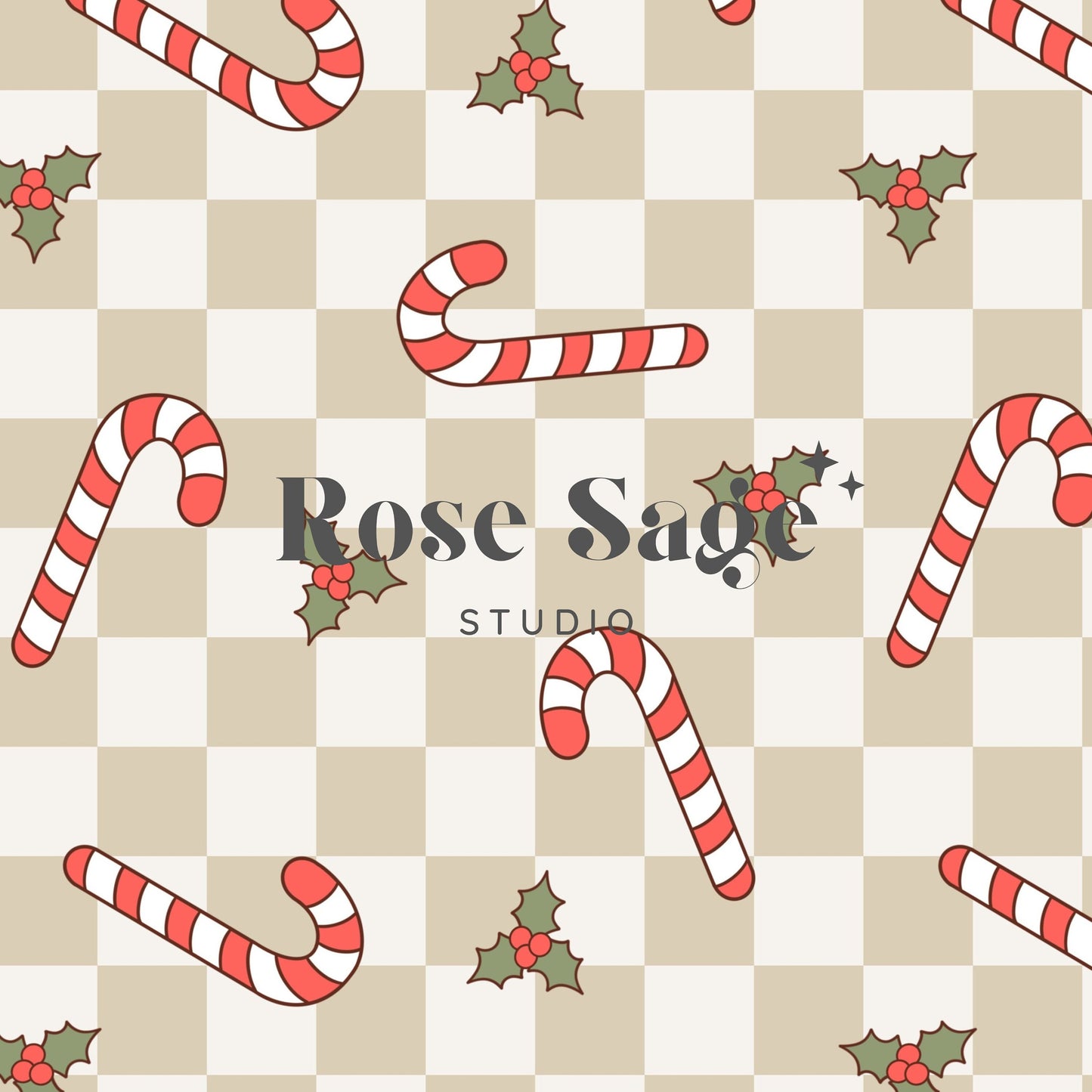 Checkered Candy Cane Seamless Pattern, Neutral Christmas Holly Seamless File, Beige Christmas Candy Cane Seamless Pattern