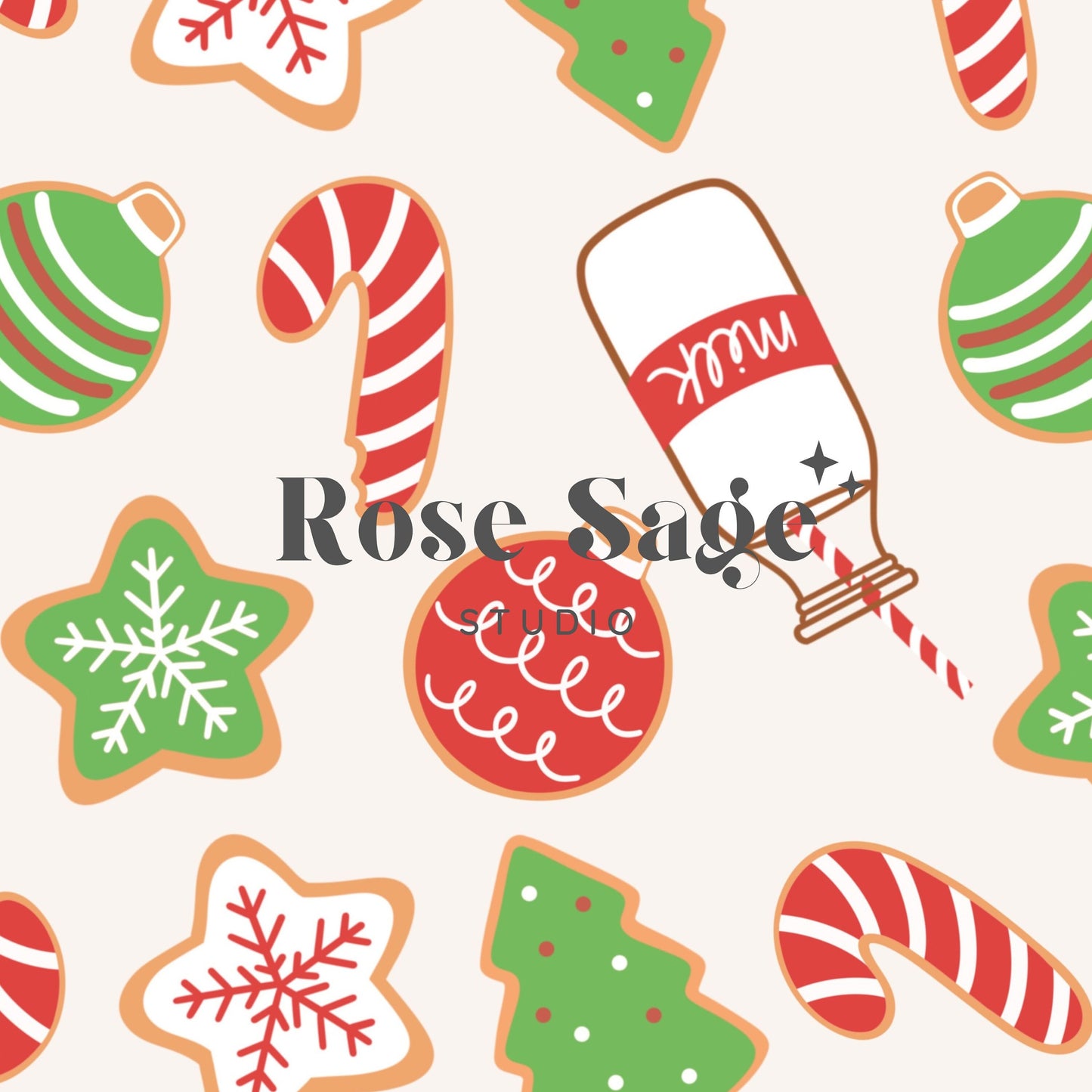 Christmas Sugar Cookies and Milk Seamless Pattern File, Christmas Treats Seamless Pattern, Neutral Christmas Tree Candy Cane Cookie