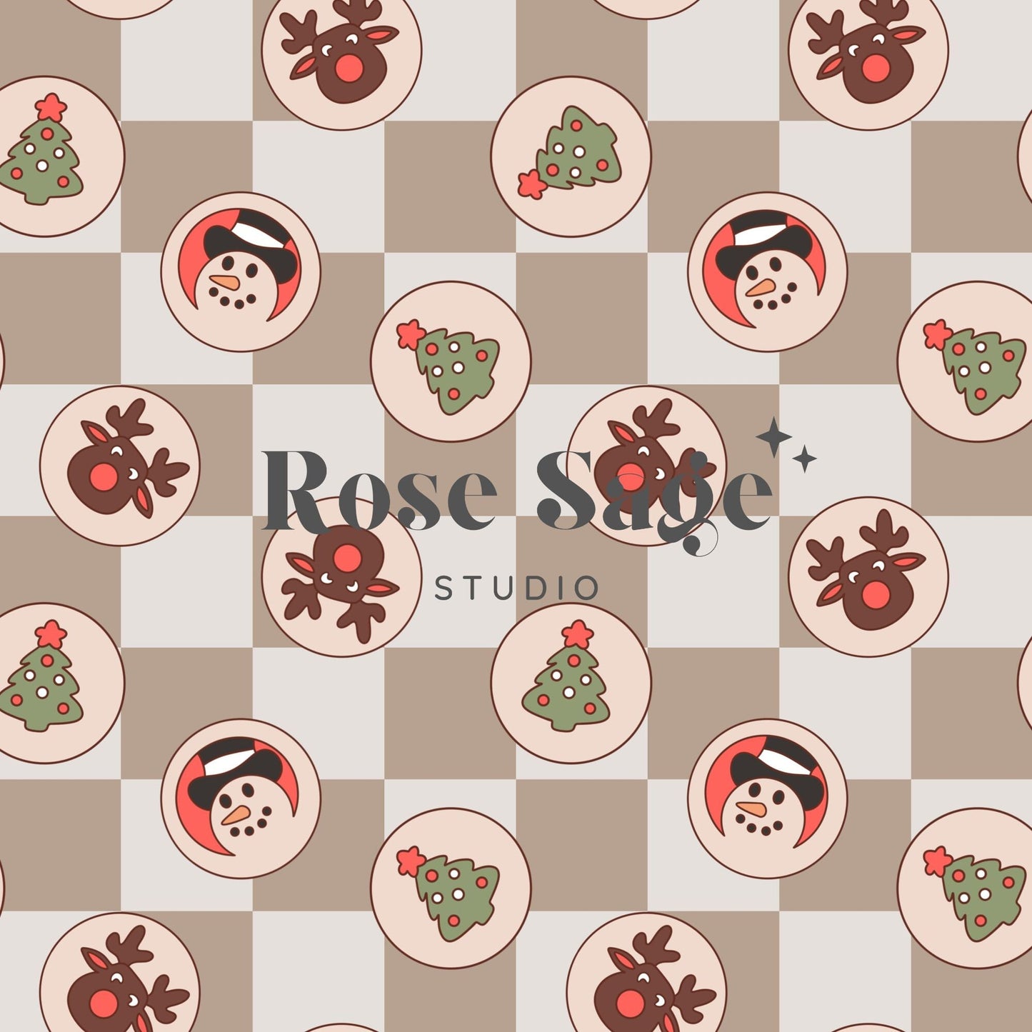 Retro Christmas Cookies Seamless Pattern, Checkered Christmas Cookies Seamless File, Neutral Checkerboard Holiday Reindeer Snowman Seamless