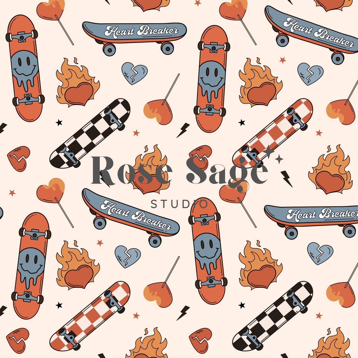 Boy Valentines Skateboards Seamless Pattern, Valentine Heartbreaker Checkerboard Seamless File, Retro Valentine Heart Lollipop Checkered