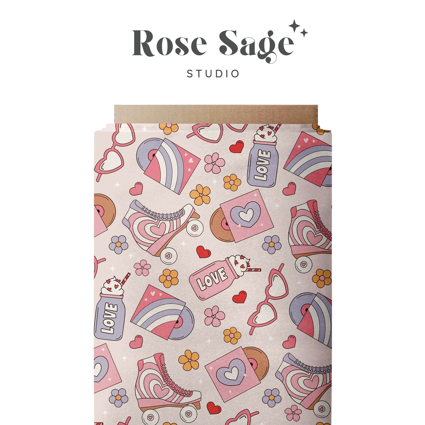 Groovy Valentines Seamless Pattern, Retro Rollerblade Valentines Day Seamless File, Daisy Floral Valentine Pattern, Girl Pink Hearts Flowers