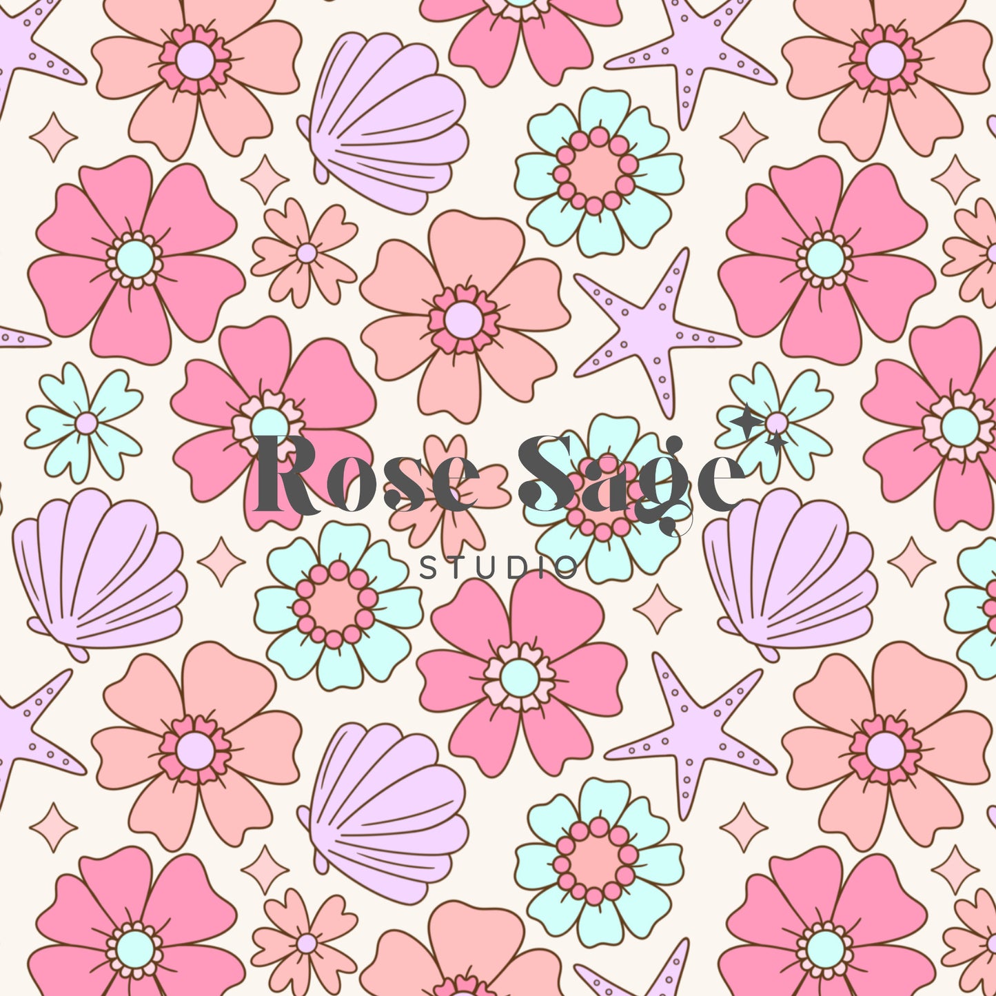 Summer Floral Seashell Seamless Pattern, Retro Summer Flower Seamless File, Beach Starfish Bright Floral Seamless File, Girl Summer Pattern