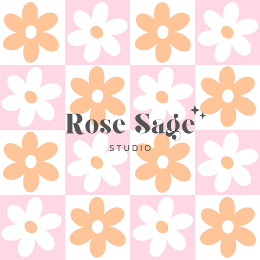 Retro Checkered Floral Seamless Digital Pattern, Checkered Flower Daisy Seamless Digital Pattern, Retro Daisy Seamless Digital Pattern Paper