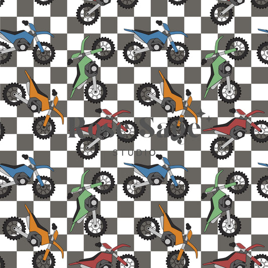 Checkered Dirt Bike Seamless Digital Pattern, Checker Bike Seamless Pattern File, Motor Cross Seamless Design, Boy Seamless Pattern File