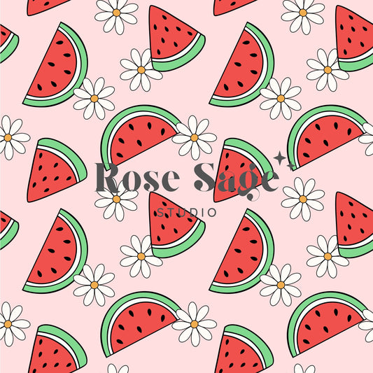 Watermelon Daisy Seamless Digital Pattern, Summer Watermelon Flower Seamless Digital Pattern, Retro Daisy Fruit Seamless Pattern File