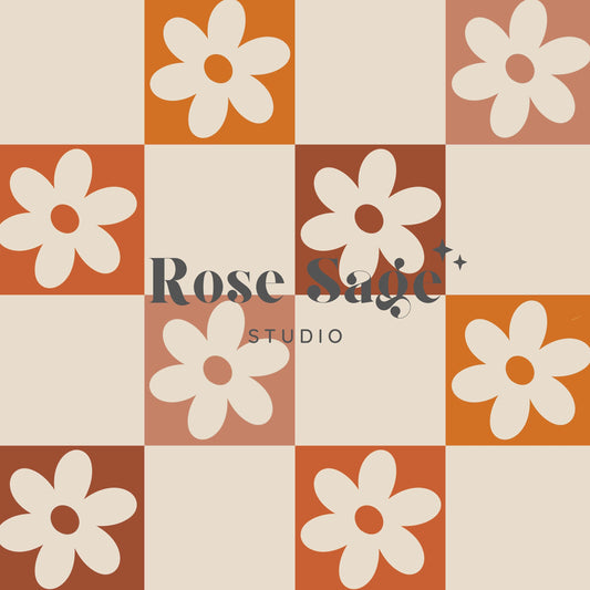 Fall Retro Checkered Floral Seamless Digital Pattern, Autumn Flower Daisy Seamless Digital Pattern, Retro Floral Seamless Design