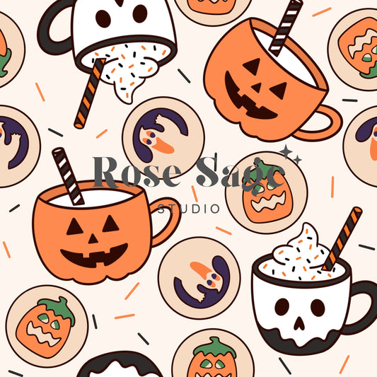 Retro Halloween Cookies and Milk Seamless Pattern File, Halloween Treats Seamless Pattern, Neutral Halloween Skull Pumpkin Ghost Cookie