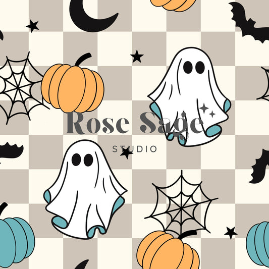 Retro Spooky Ghost Seamless Pattern, Retro Halloween Boy Seamless Design File, Checkered Grey Beige Retro Blue Ghost Bat Pumpkin Spiderweb