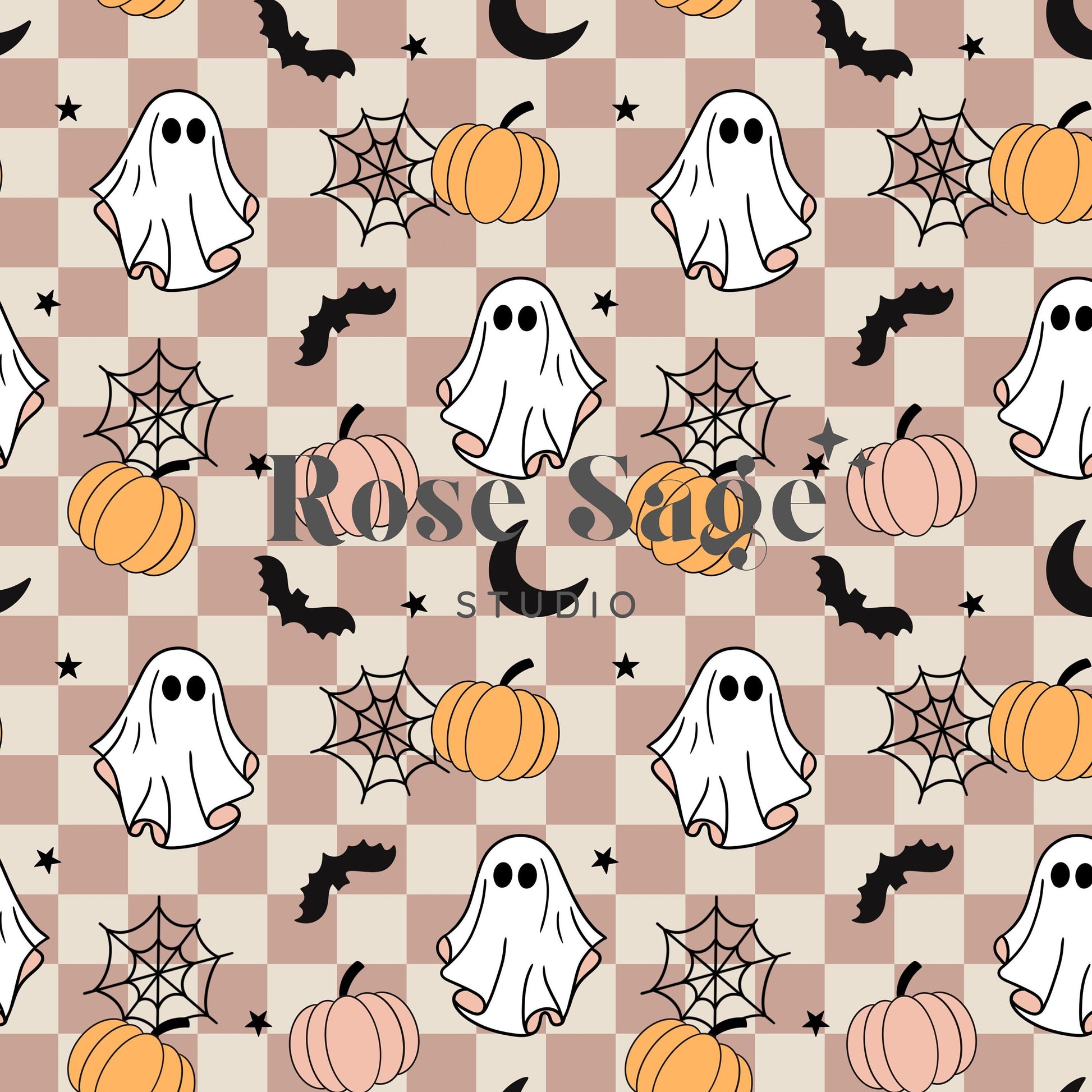 Retro Spooky Ghost Seamless Pattern, Retro Halloween Girl Seamless Design File, Checkered Pink Beige Retro Ghost Bat Pumpkin Spiderweb