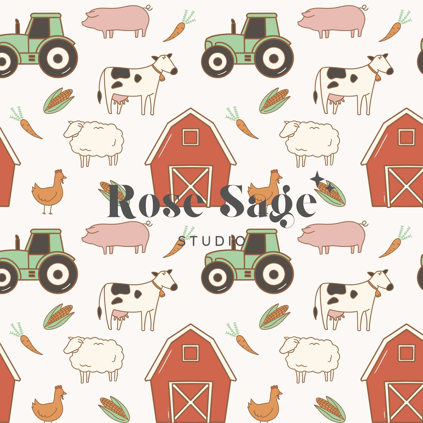 Boho Farm Seamless Pattern, Neutral Farm Animals Seamless Pattern File, Barn Tractor Boy Girl Seamless Repeat Pattern Design