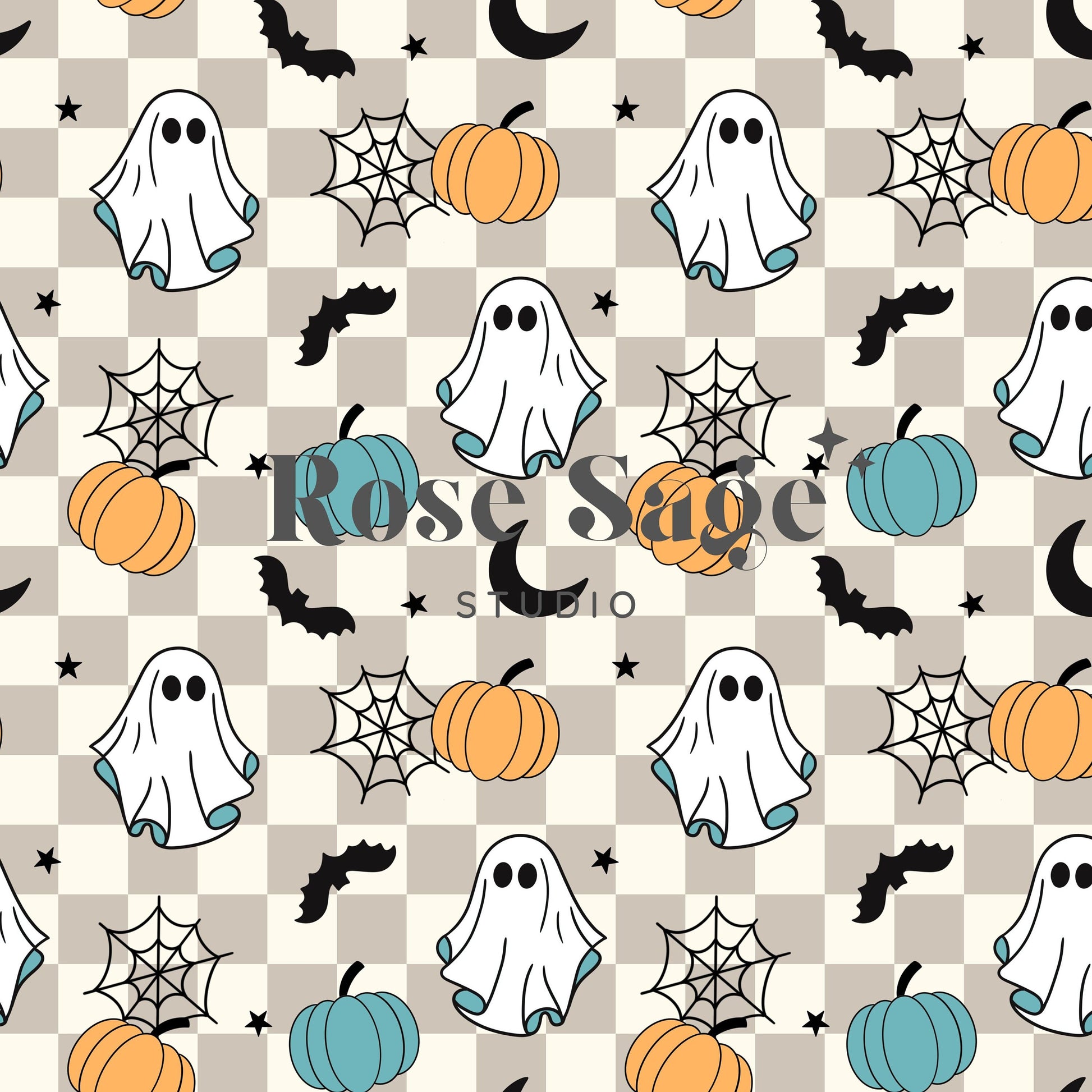Retro Spooky Ghost Seamless Pattern, Retro Halloween Boy Seamless Design File, Checkered Grey Beige Retro Blue Ghost Bat Pumpkin Spiderweb