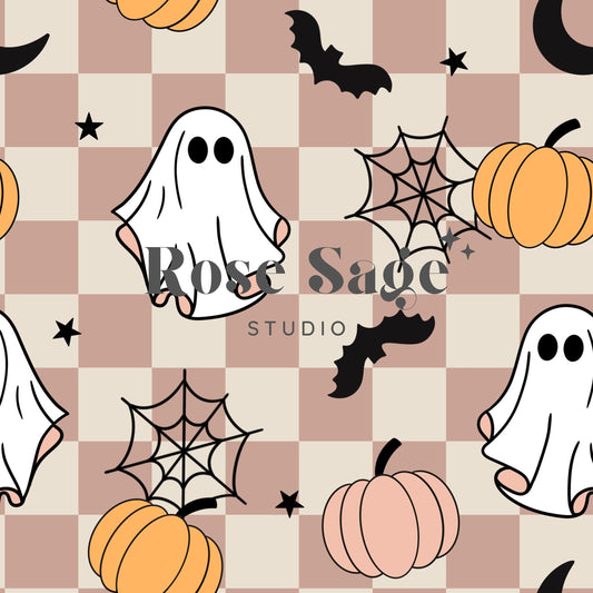 Retro Spooky Ghost Seamless Pattern, Retro Halloween Girl Seamless Design File, Checkered Pink Beige Retro Ghost Bat Pumpkin Spiderweb