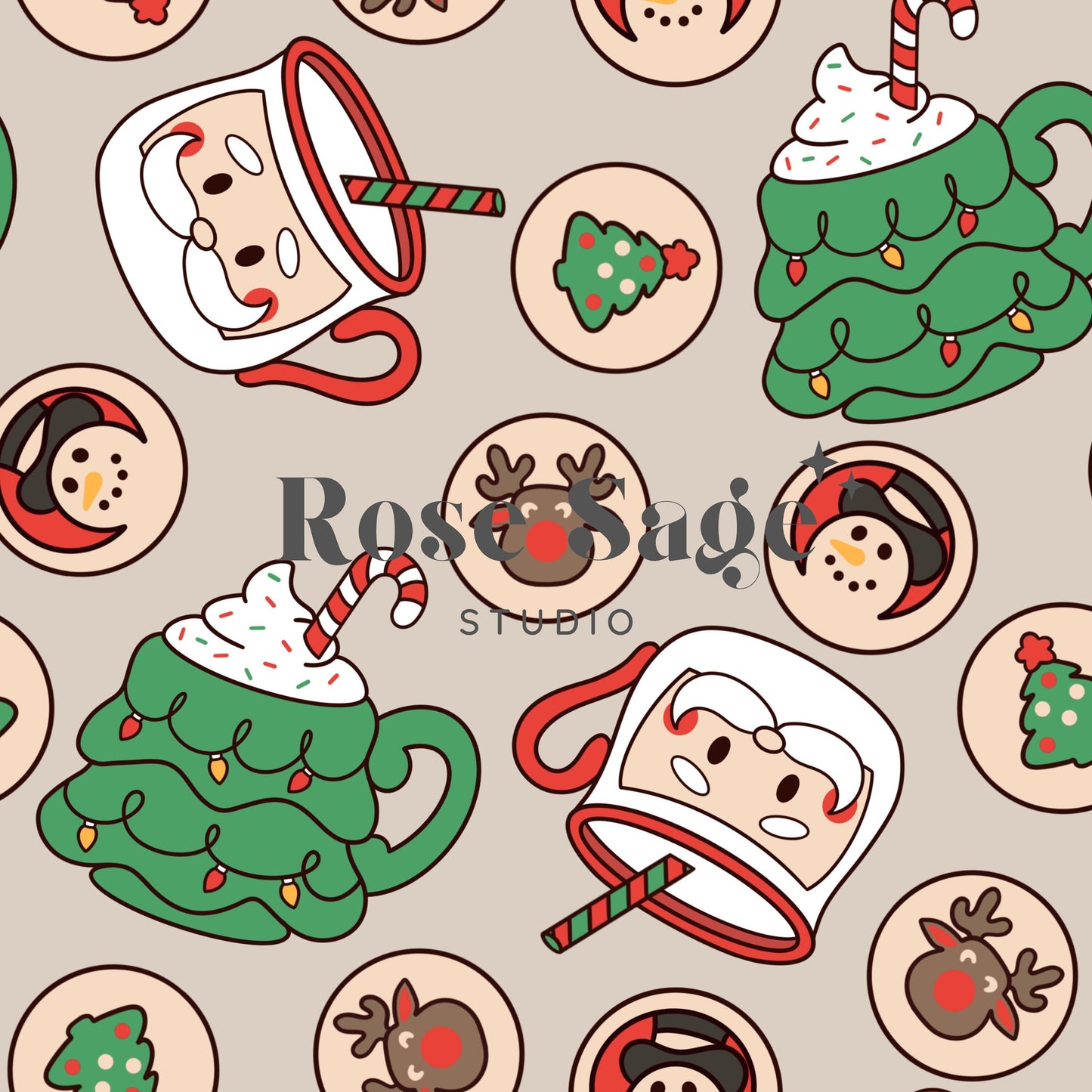 Retro Christmas Cookies and Milk Seamless Pattern File, Christmas Treats Seamless Pattern, Neutral Christmas Tree Santa Reindeer Cookie