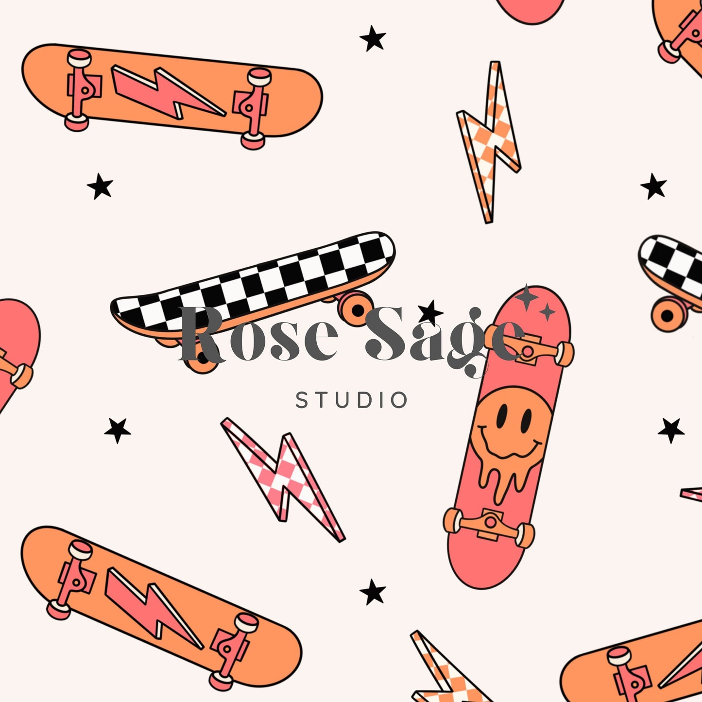 Checkered Skateboard Seamless Pattern File, Smile Face Checkerboard Skateboarding Seamless Pattern, Retro Pink Orange Seamless Pattern