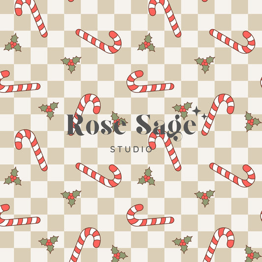 Checkered Candy Cane Seamless Pattern, Neutral Christmas Holly Seamless File, Beige Christmas Candy Cane Seamless Pattern