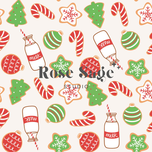 Christmas Sugar Cookies and Milk Seamless Pattern File, Christmas Treats Seamless Pattern, Neutral Christmas Tree Candy Cane Cookie