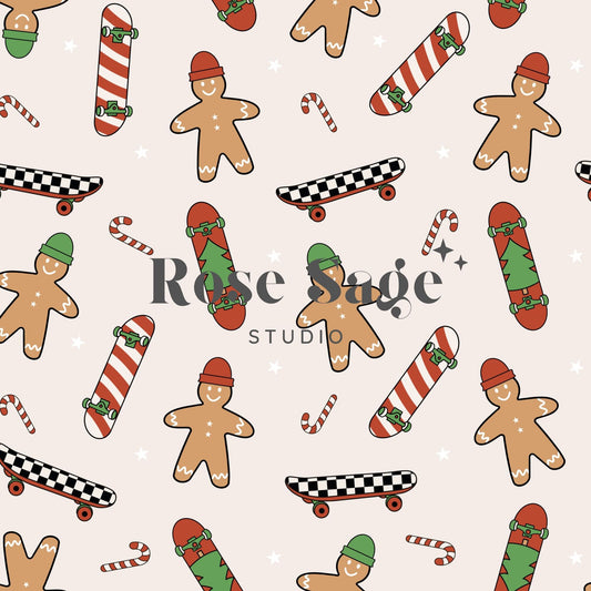 Skateboarding Gingerbread Seamless Pattern, Christmas Retro Seamless File, Holiday Checkered Seamless Pattern, Christmas Boy Seamless File