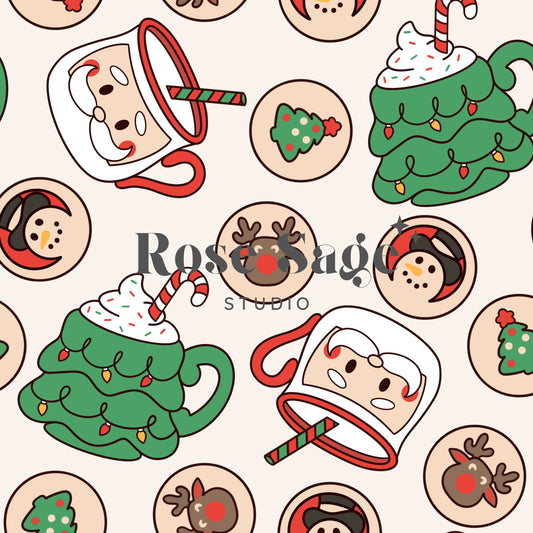 Retro Christmas Cookies and Milk Seamless Pattern File, Christmas Treats Seamless Pattern, Neutral Christmas Tree Santa Reindeer Cookie