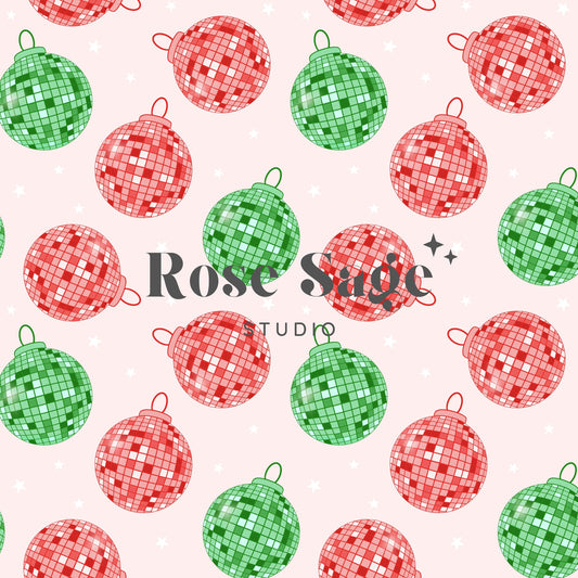 Retro Christmas Disco Ball Ornaments Seamless Pattern, Green Red Christmas Ornaments Seamless File, Disco Ball Groovy Christmas Pattern