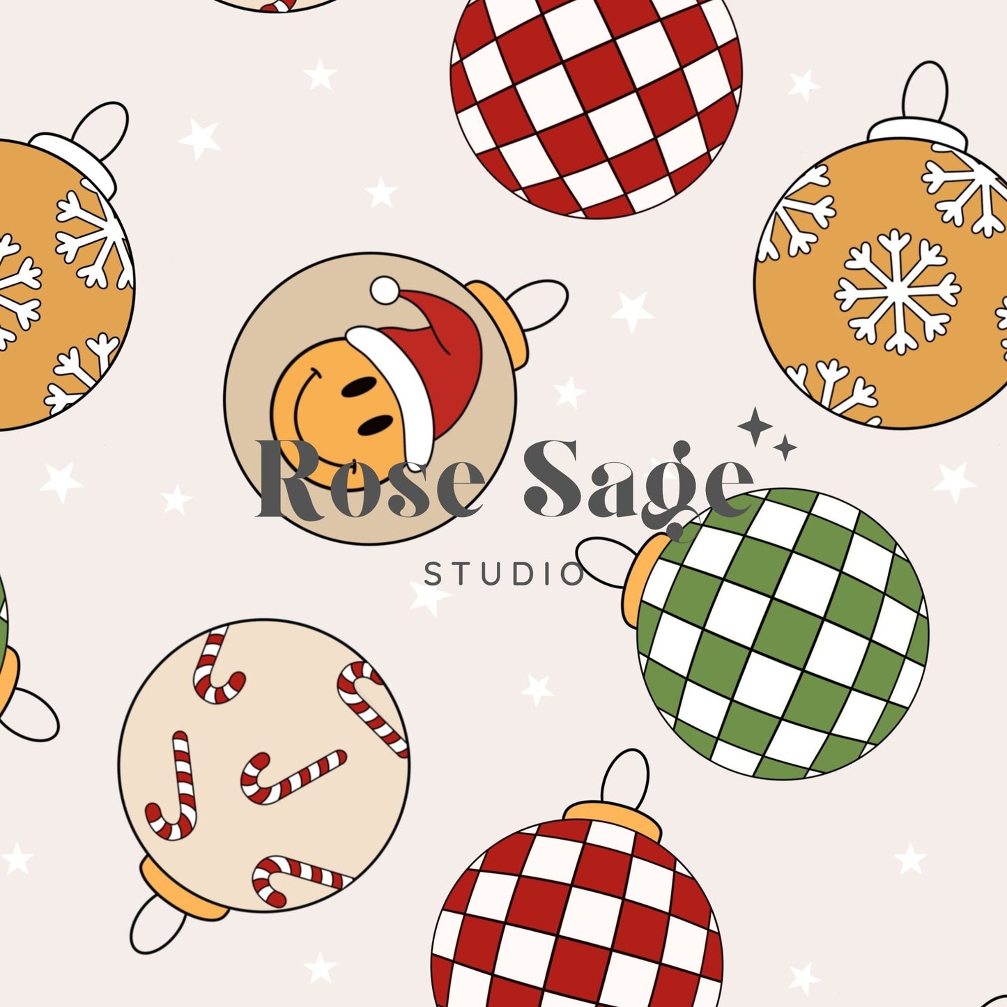 Retro Christmas Checkered Ornaments Seamless Pattern, Christmas Smiley Face Ornament Seamless File, Candy Cane Checkerboard Red Green Beige