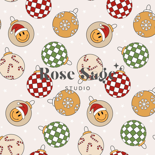 Retro Christmas Checkered Ornaments Seamless Pattern, Christmas Smiley Face Ornament Seamless File, Candy Cane Checkerboard Red Green Beige