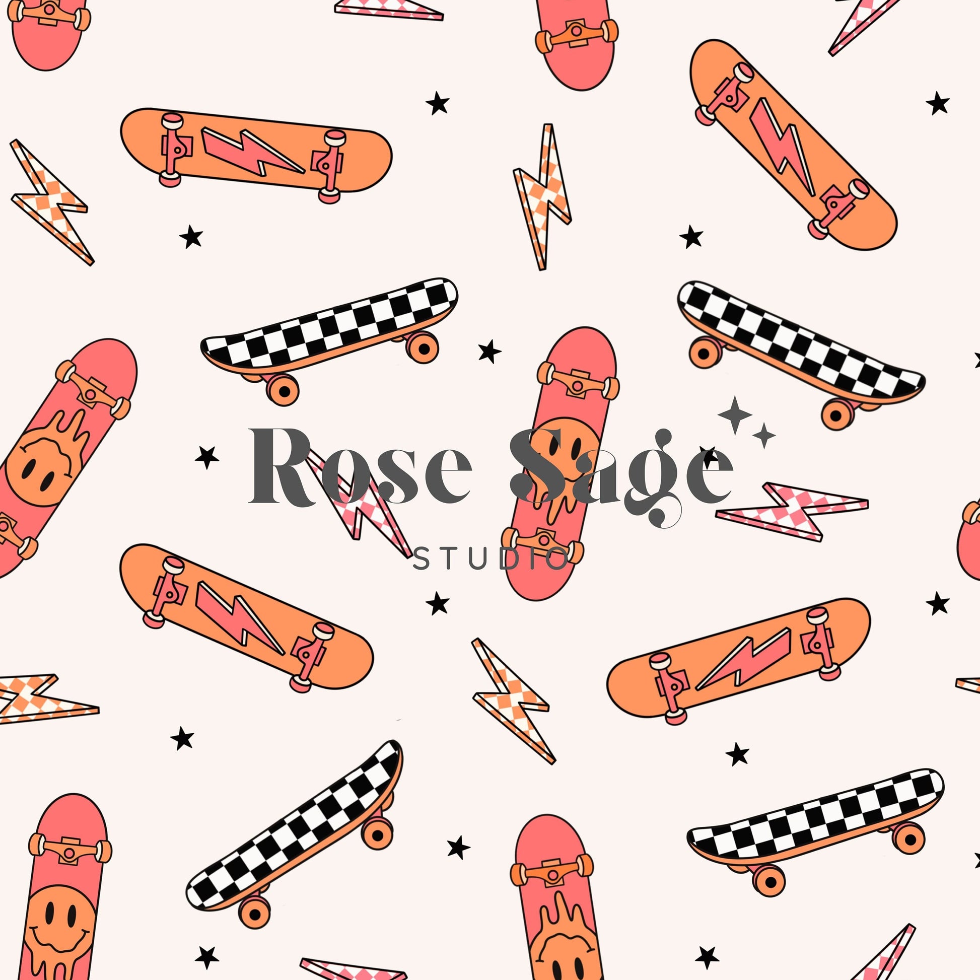 Checkered Skateboard Seamless Pattern File, Smile Face Checkerboard Skateboarding Seamless Pattern, Retro Pink Orange Seamless Pattern