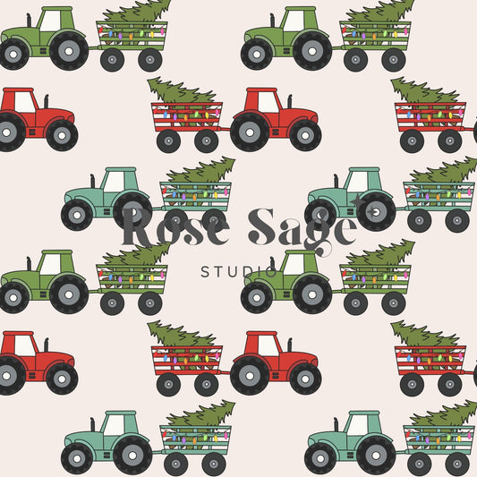 Christmas Tree Tractor Seamless Pattern, Neutral Pattern, Farm Tractors Boho Holiday Seamless Pattern, Christmas Tree Lights Seamless