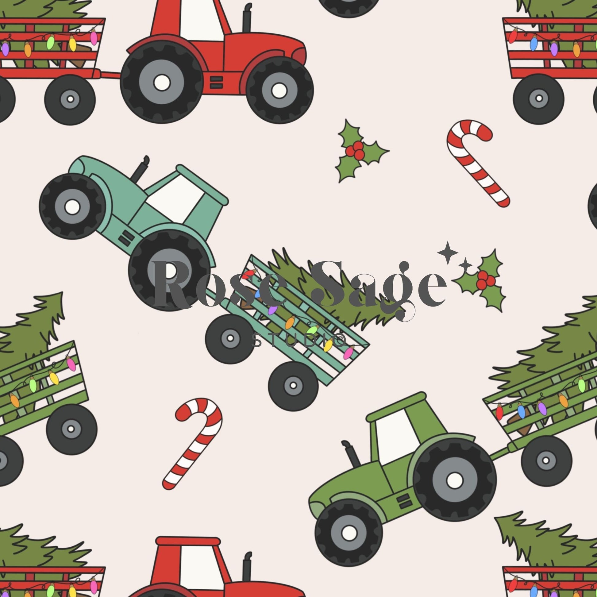 Christmas Tree Tractor Seamless Pattern, Neutral Pattern, Farm Tractors Boho Holiday Seamless Pattern, Christmas Tree Lights Seamless