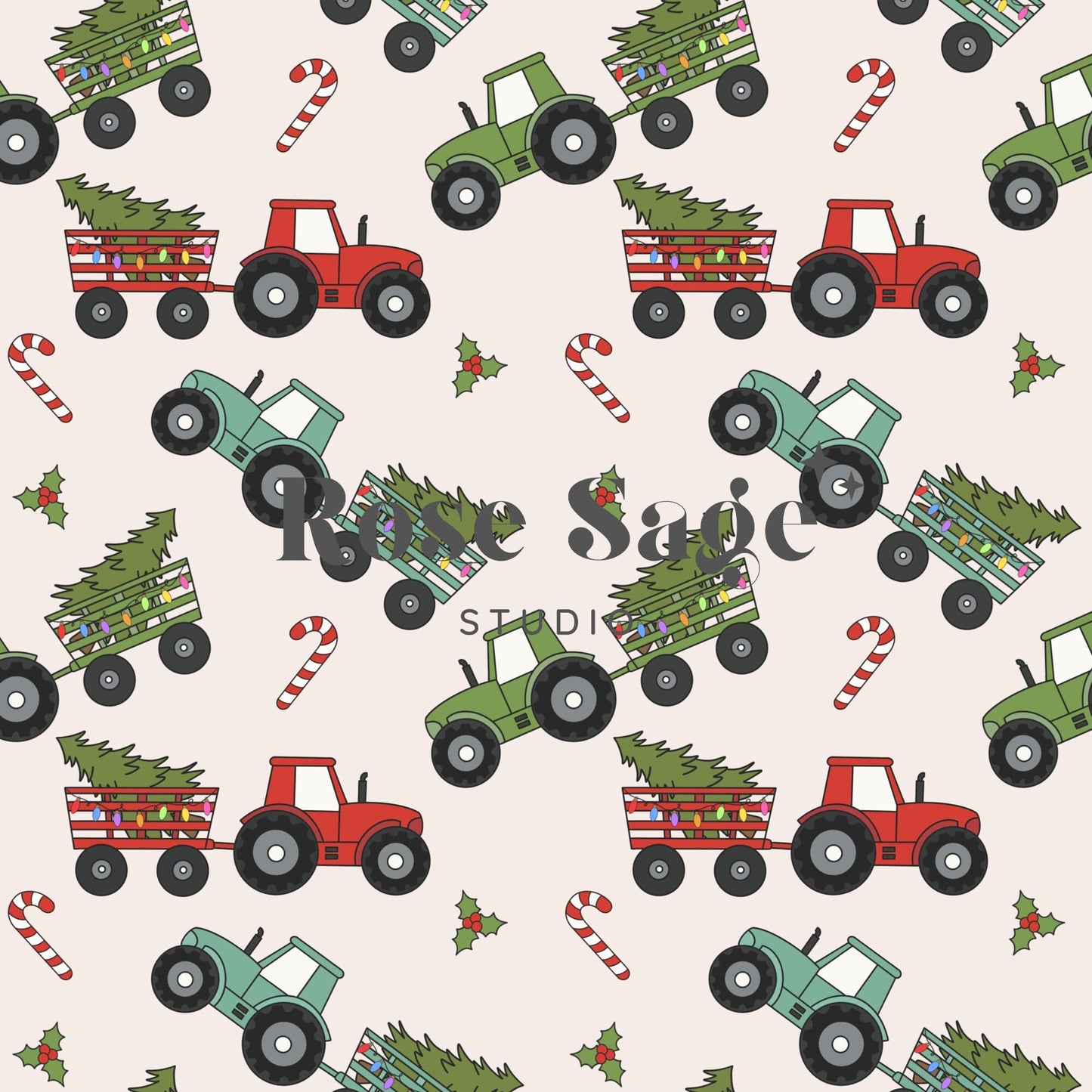 Christmas Tree Tractor Seamless Pattern, Neutral Pattern, Farm Tractors Boho Holiday Seamless Pattern, Christmas Tree Lights Seamless