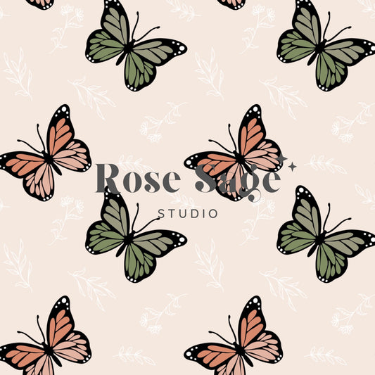 Boho Monarch Butterfly Wildflower Seamless Pattern, Butterfly Wildflowers Leafs Seamless Pattern File, Pink Sage Green Floral Beige Seamless