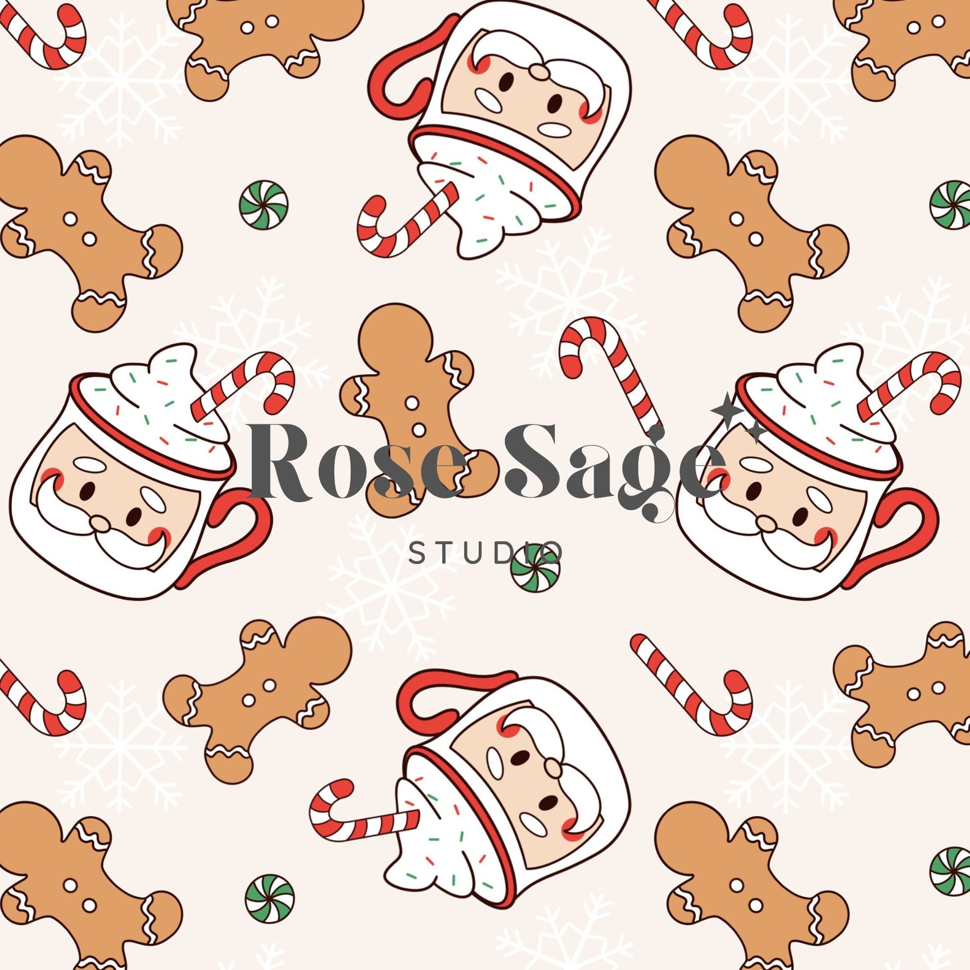 Retro Christmas Cookies and Milk Seamless Pattern File, Christmas Treats Seamless Pattern, Neutral Gingerbread Santa Candy Cane Pattern