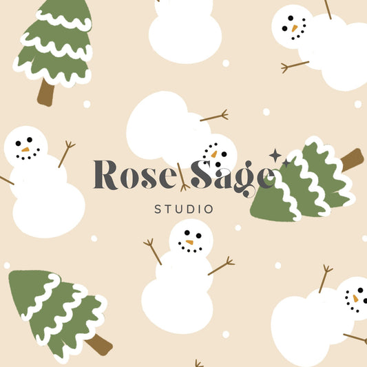 Boho Winter Snowman Trees Seamless Pattern, Boho Christmas Snowmen Seamless File, Neutral Winter Holiday Snow Digital Seamless Pattern