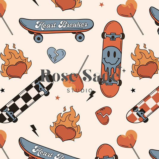 Boy Valentines Skateboards Seamless Pattern, Valentine Heartbreaker Checkerboard Seamless File, Retro Valentine Heart Lollipop Checkered