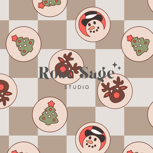 Retro Christmas Cookies Seamless Pattern, Checkered Christmas Cookies Seamless File, Neutral Checkerboard Holiday Reindeer Snowman Seamless