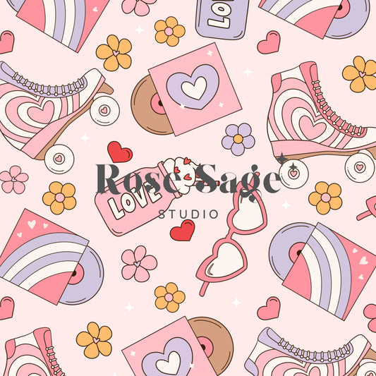 Groovy Valentines Seamless Pattern, Retro Rollerblade Valentines Day Seamless File, Daisy Floral Valentine Pattern, Girl Pink Hearts Flowers