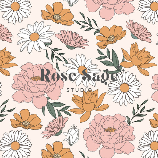 Boho Spring Floral Seamless Pattern, Spring Flowers Peony Daisy Seamless Pattern File, Girl Floral Seamless Pattern, Bohemian Flowers File