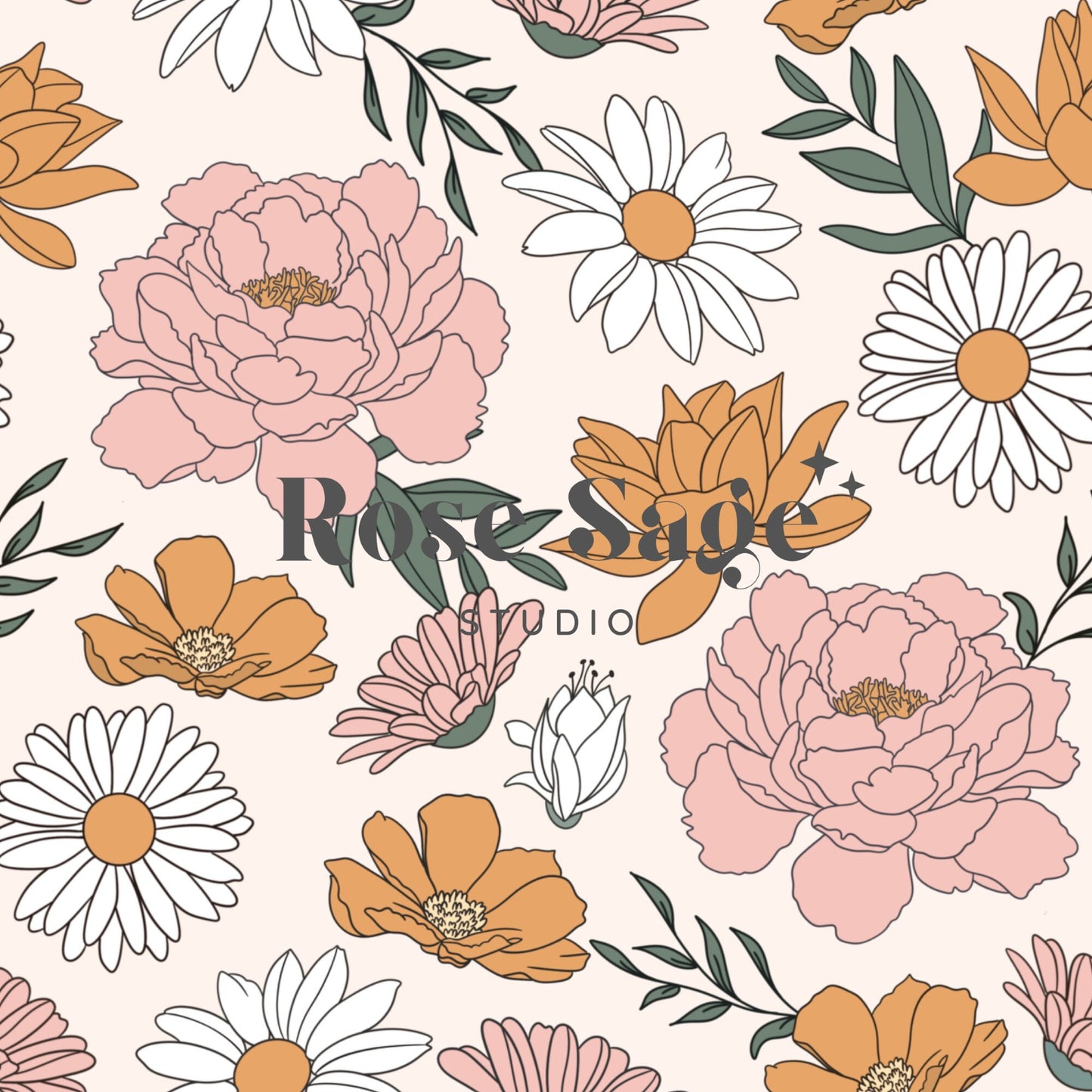 Boho Spring Floral Seamless Pattern, Spring Flowers Peony Daisy Seamless Pattern File, Girl Floral Seamless Pattern, Bohemian Flowers File