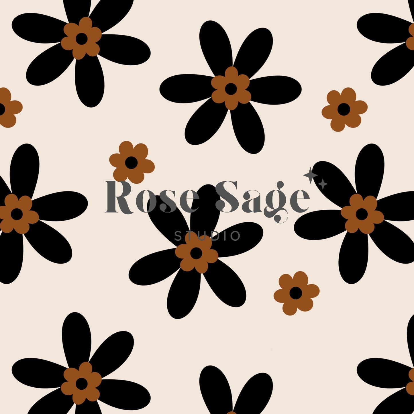 Boho Black Floral Seamless Pattern, Black and Rust Daisy Seamless File, Girl Floral Seamless Pattern, Retro Flowers Beige Flower Design