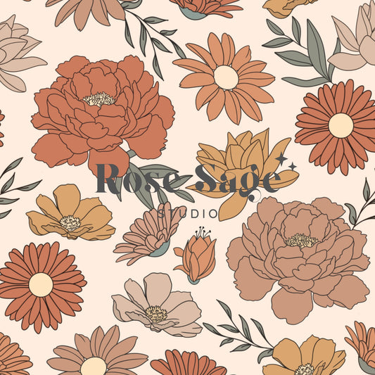 Boho Fall Floral Seamless Pattern, Fall Wildflowers Seamless Pattern File, Vintage Floral Beige Seamless Pattern, Bohemian Floral File