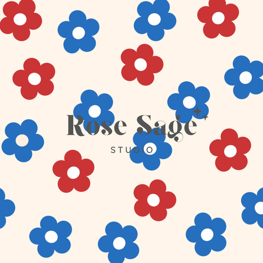 Fourth of July Daisy Seamless Pattern, Independence Day Red Blue Floral Seamless File, Retro Daisy Girl 4th of July Seamless Pattern