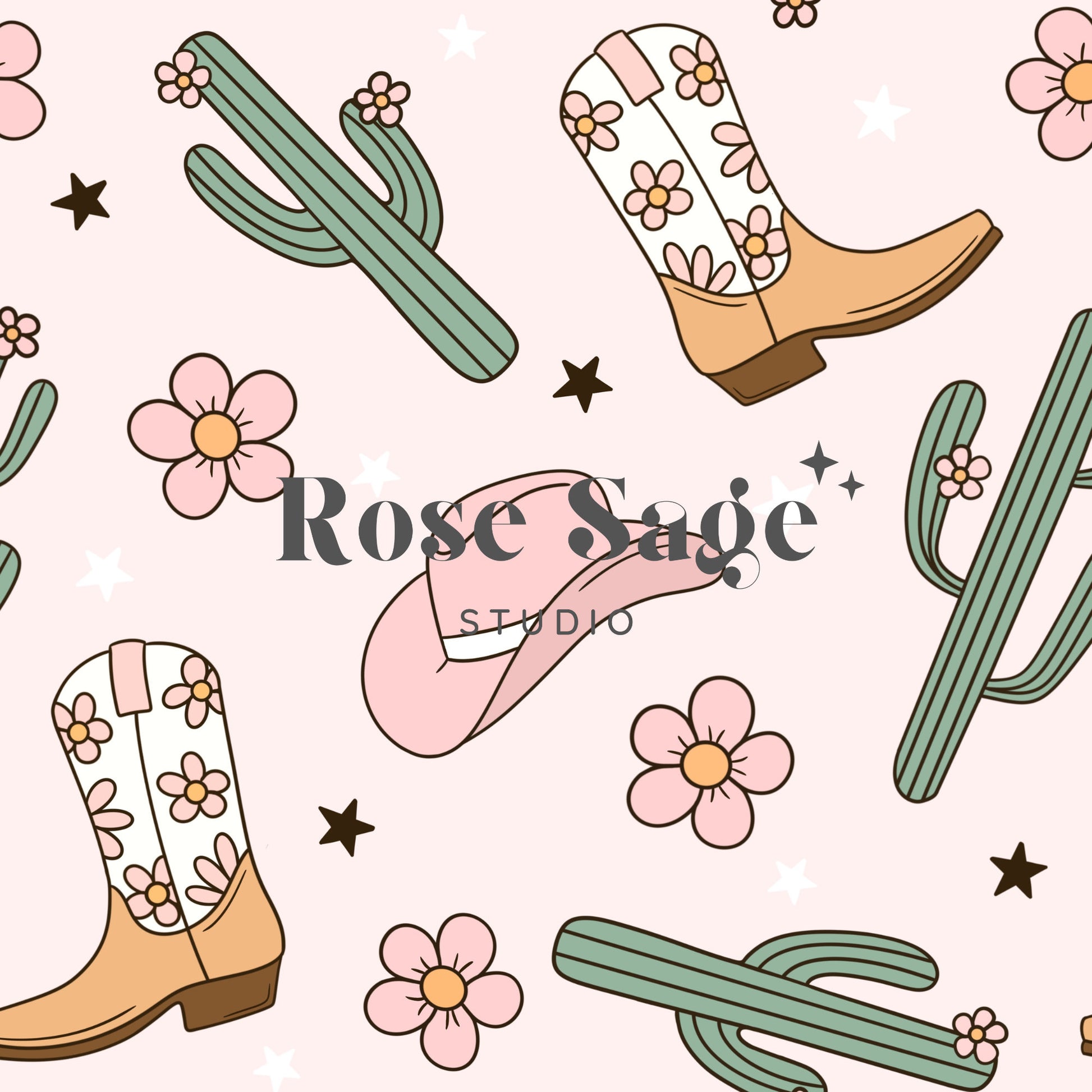 Cowgirl Seamless Pattern, Cactus Cowboy Boots Seamless File, Girl Western Seamless Pattern, Pink Cowgirl Flower Seamless Digital Pattern