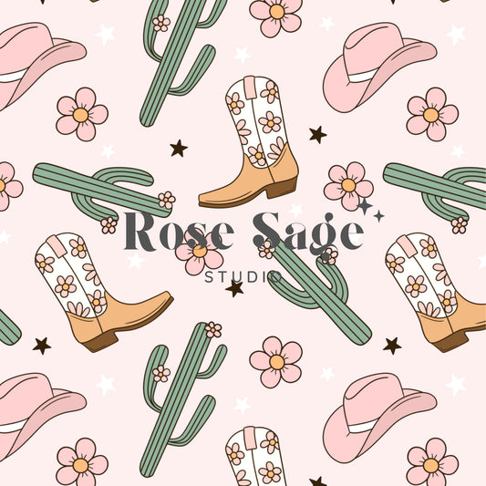 Cowgirl Seamless Pattern, Cactus Cowboy Boots Seamless File, Girl Western Seamless Pattern, Pink Cowgirl Flower Seamless Digital Pattern