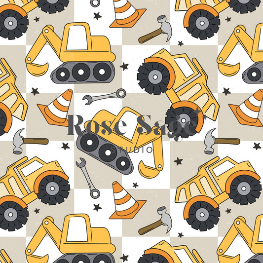 Construction Seamless Pattern, Boy Seamless File, Construction Truck Vehicle Seamless File, Checkered Boy Seamless Pattern