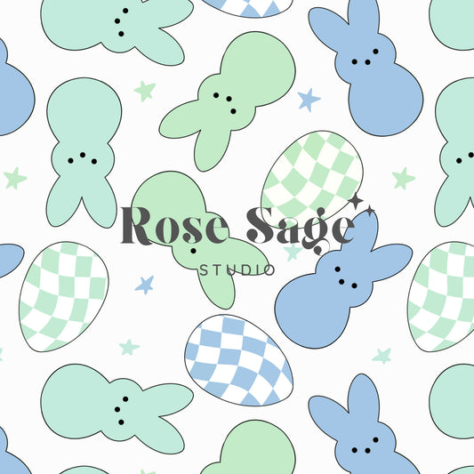 Easter Bunny Candy Seamless File, Easter Pastel Bunnies Seamless Pattern, Boy Easter Spring Checkered Eggs Seamless Pattern