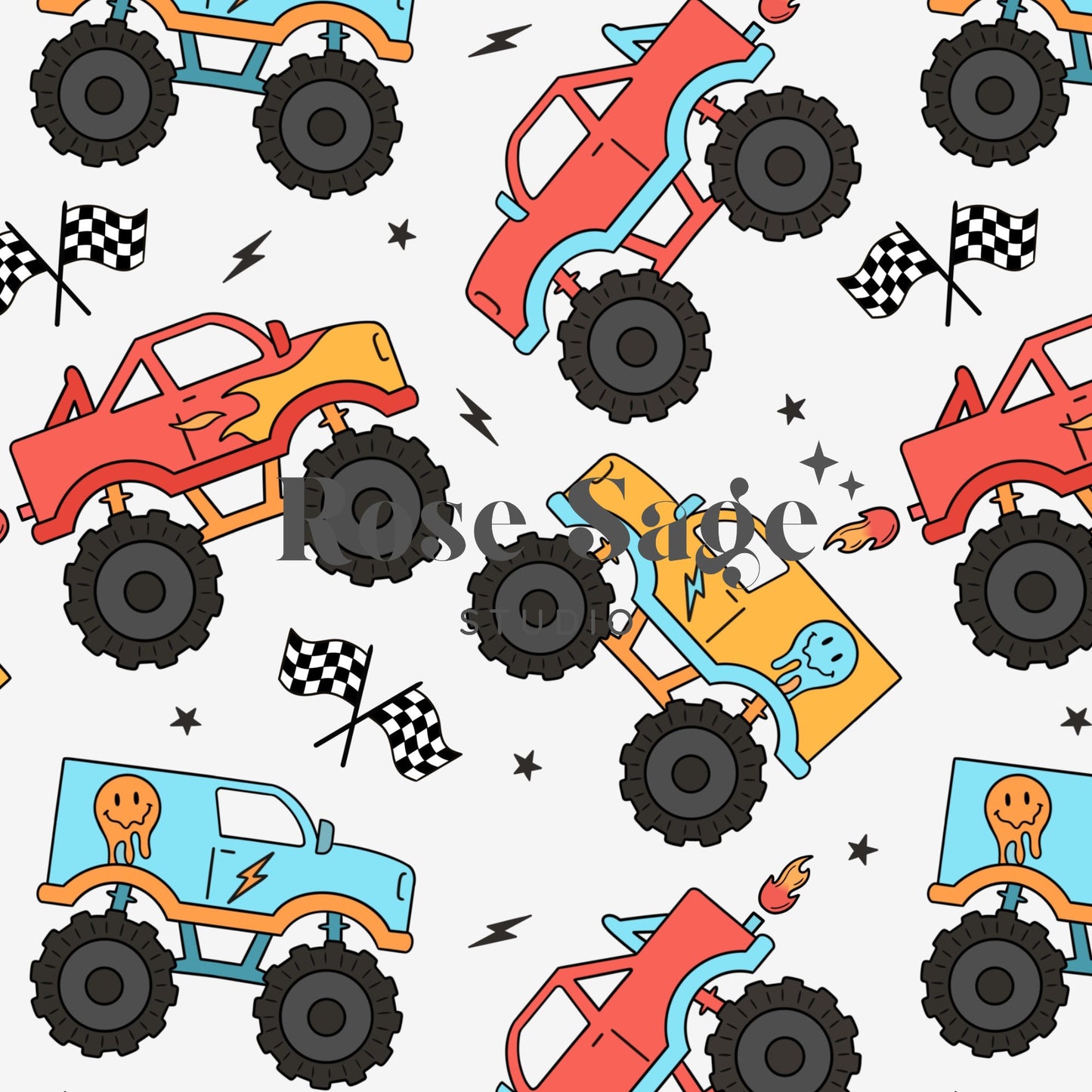 Monster Truck Seamless File, Boy Seamless Pattern, Truck Smiley Seamless Surface Pattern