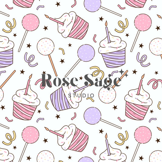 Birthday Seamless Pattern, Cake Pop Birthday Seamless File, Girl Birthday Cupcakes Seamless Surface Pattern