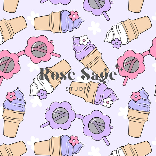 Summer Ice Cream Seamless File, Floral Sunglasses Girl Summer Seamless Pattern, Girl Seamless File