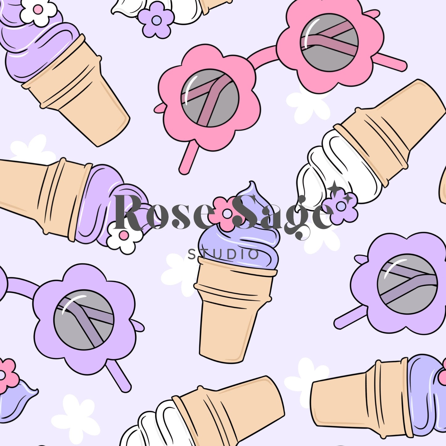 Summer Ice Cream Seamless File, Floral Sunglasses Girl Summer Seamless Pattern, Girl Seamless File