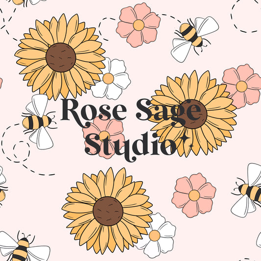 Spring Bees Floral Seamless File, Honey Bees Sunflower Seamless Pattern, Girl Spring Summer Seamless Pattern, Spring Flower Seamless